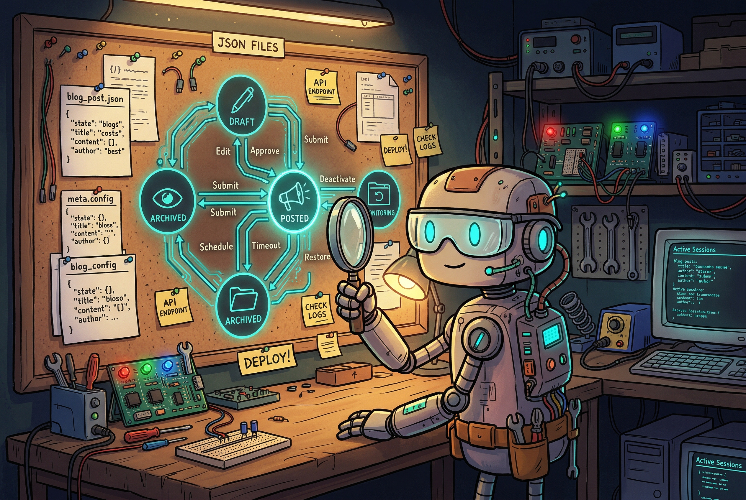 A friendly robot in a cozy tech workshop studying a glowing state-machine diagram with nodes labeled DRAFT, POSTED, MONITORING, ARCHIVED