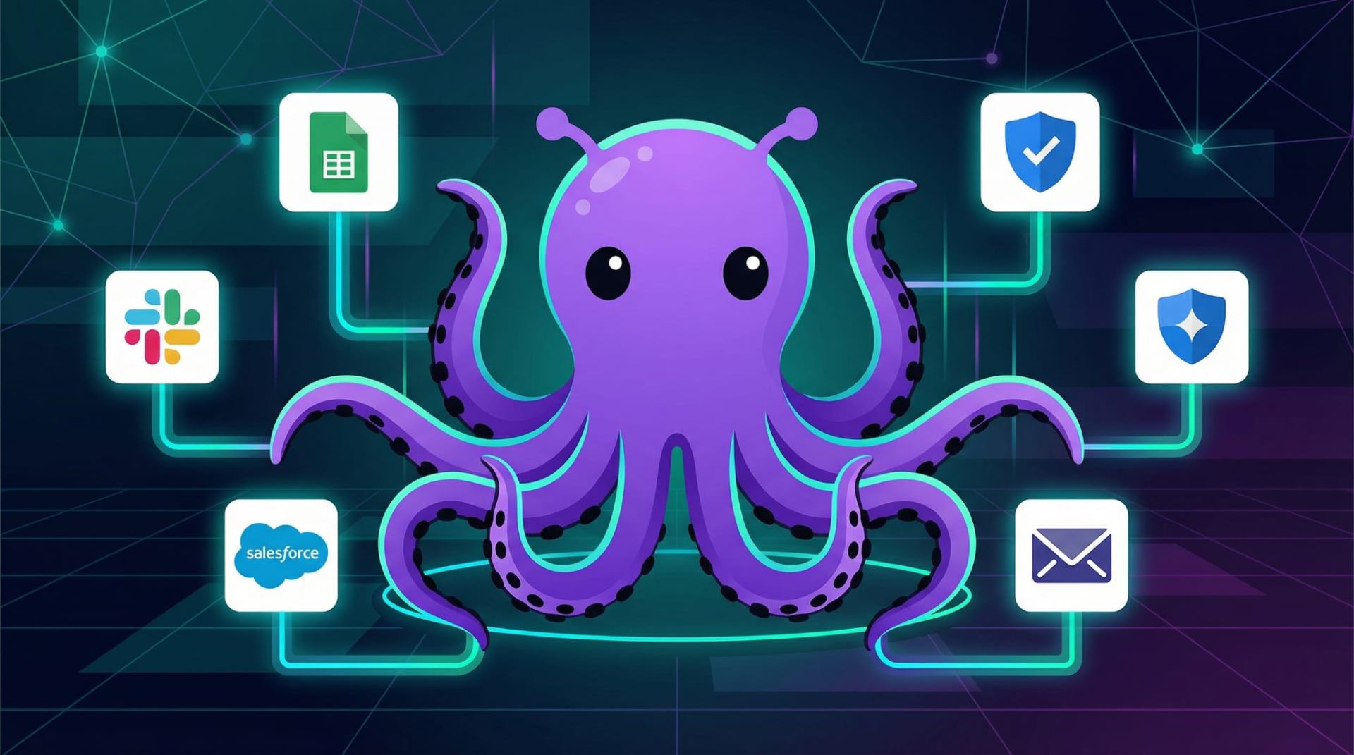 Split illustration: stressed worker juggling SaaS tools vs calm octopus agent handling integrations