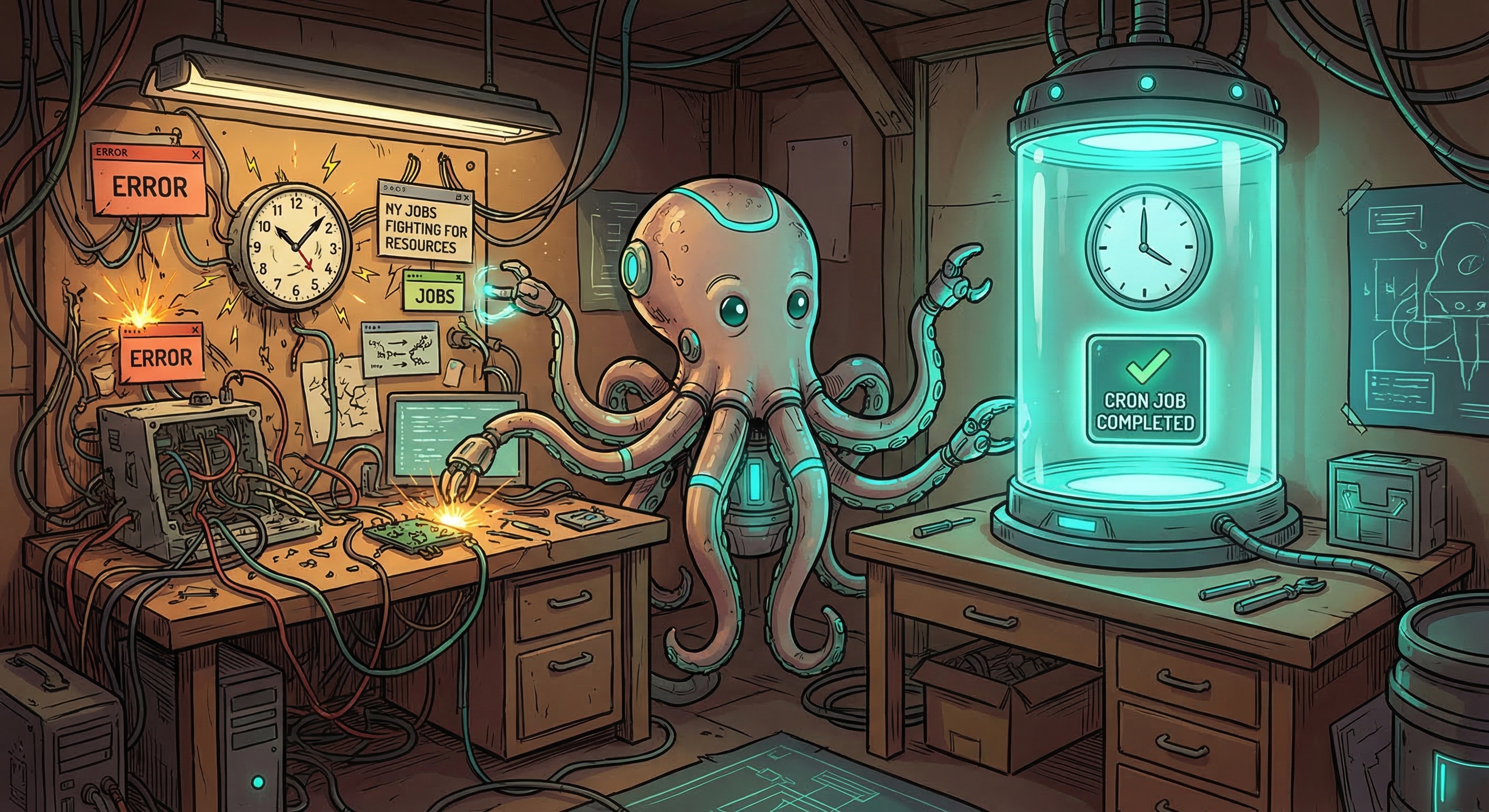 Two workbenches side by side — a tangled, error-prone shared cron setup on the left and a clean, isolated teal-lit pod running one job perfectly on the right