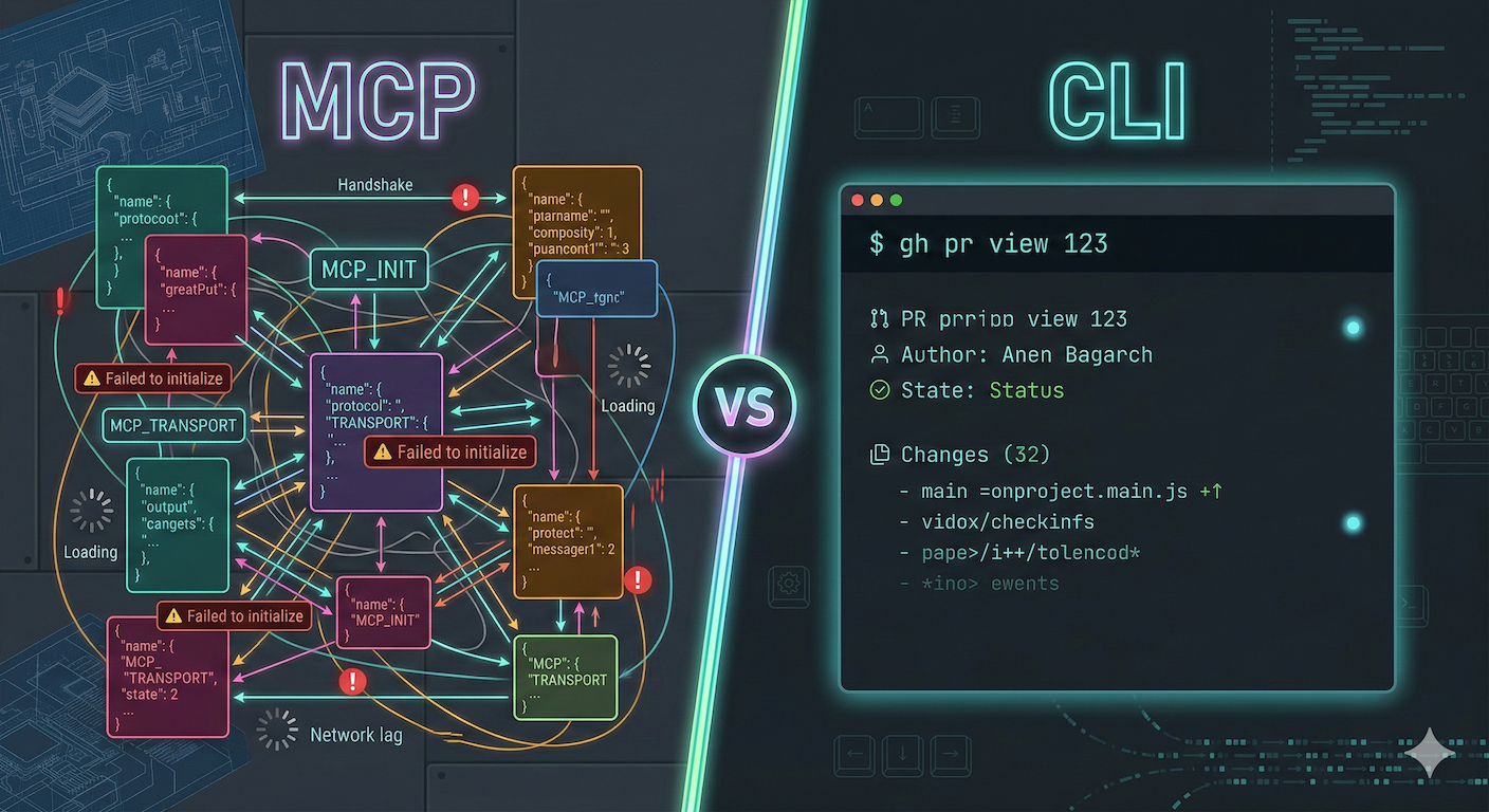 MCP vs CLI — tangled protocol complexity on the left, clean terminal simplicity on the right