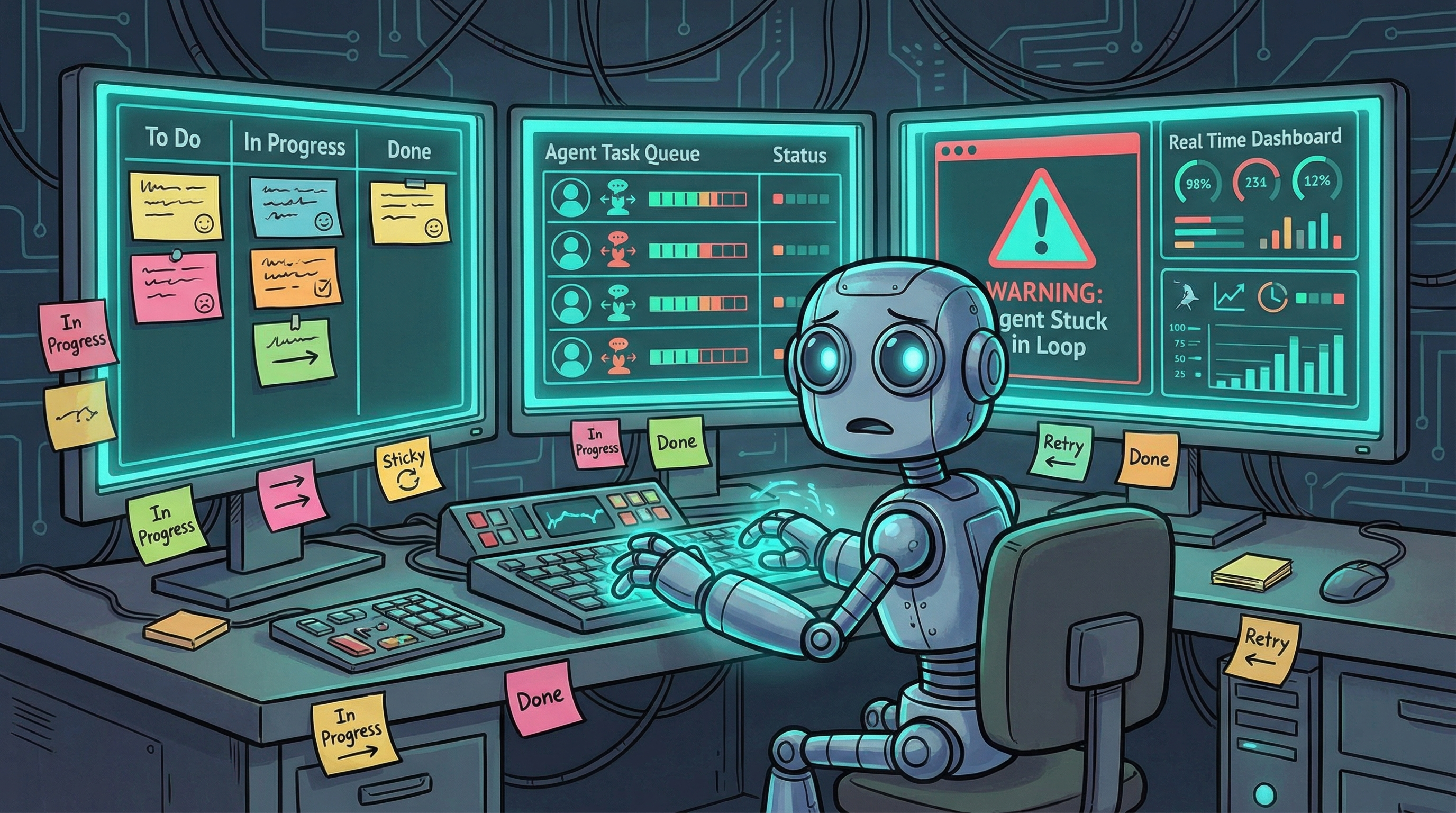 A futuristic AI mission control room with multiple holographic dashboards and agent task queues