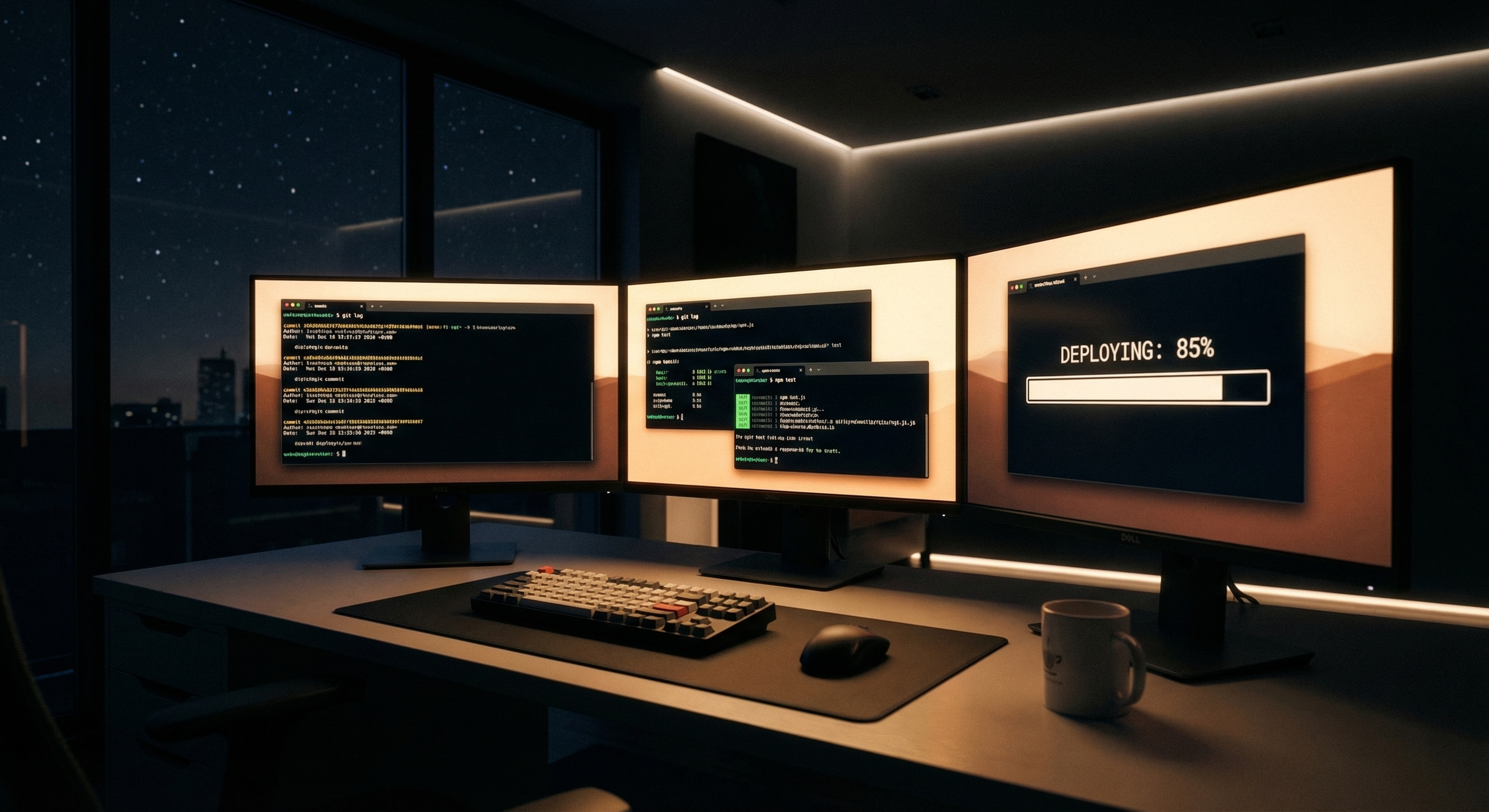 A developer's desk at night with terminal windows showing git commits and test results running autonomously