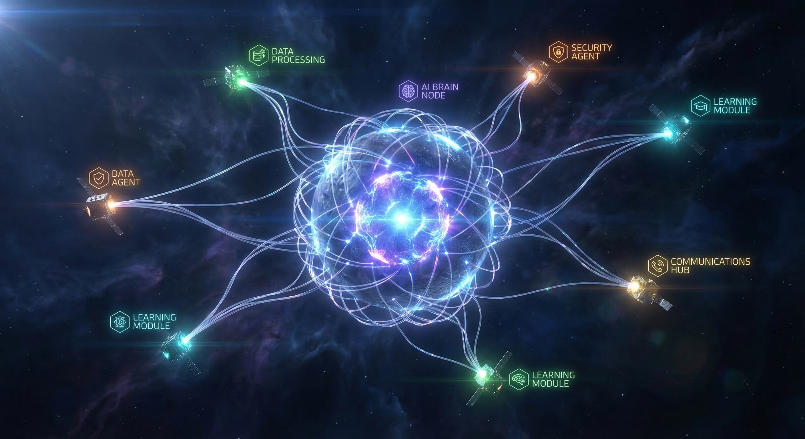A glowing central AI brain node connected by fiber-optic lines to multiple smaller specialized agent nodes in a constellation pattern, representing multi-agent delegation architecture