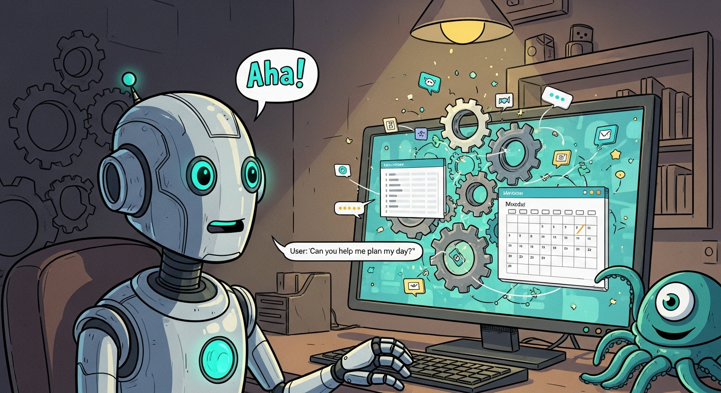 A friendly robot having an aha moment as a chat interface transforms into a full autonomous work pipeline